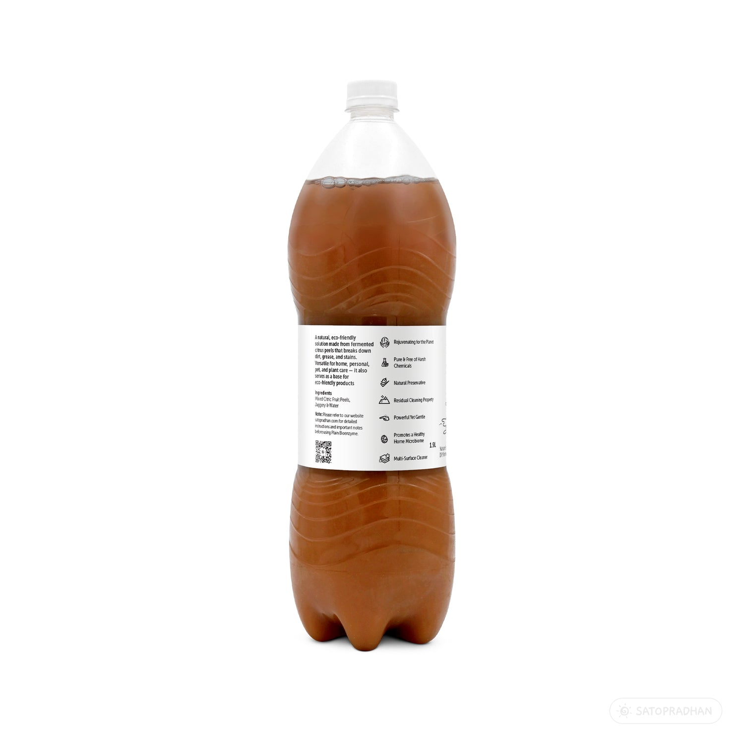 Rear product label of Plain Citric Bio Enzyme 1.9L showing benefits, usage and manufacturer information