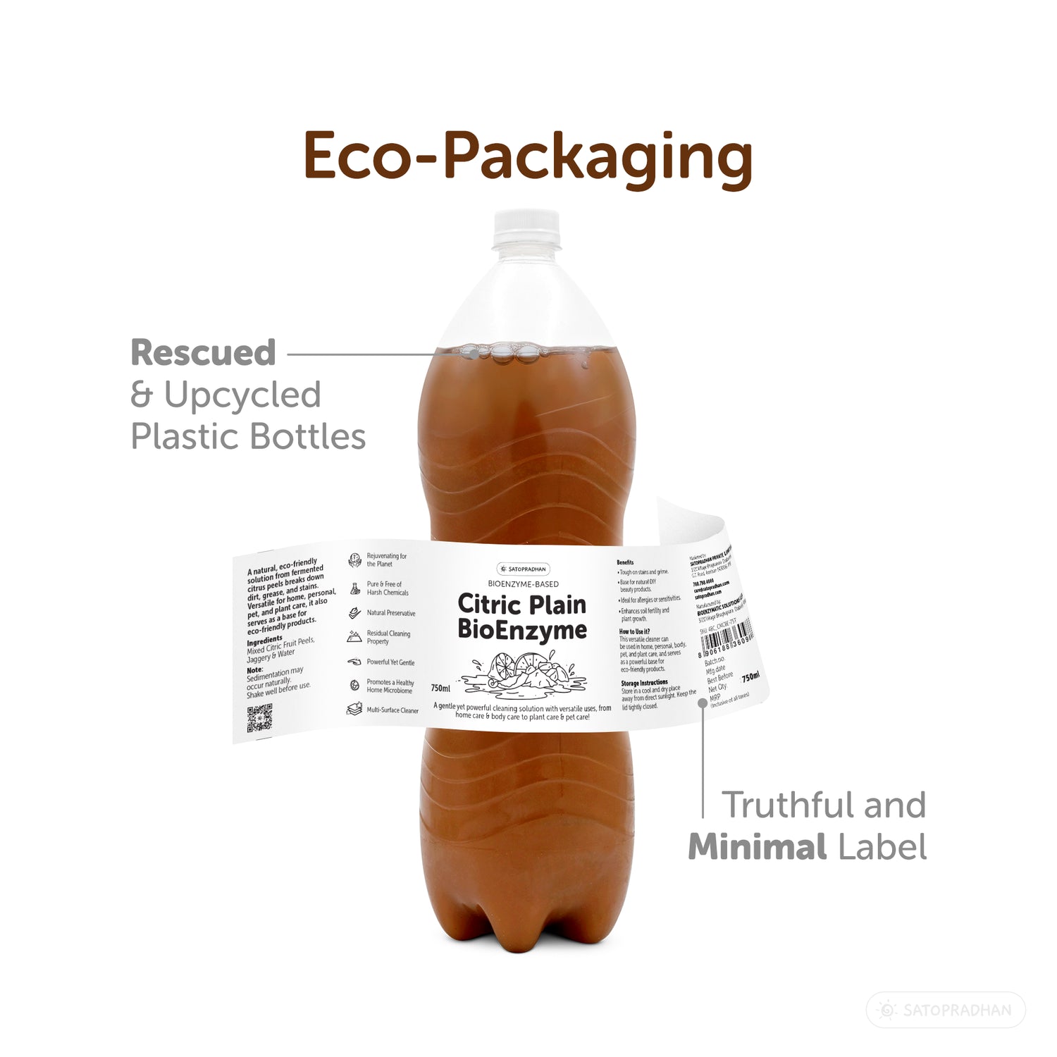 Plain Citric Bio Enzyme in rescued and upcycled plastic bottle with a minimal product label