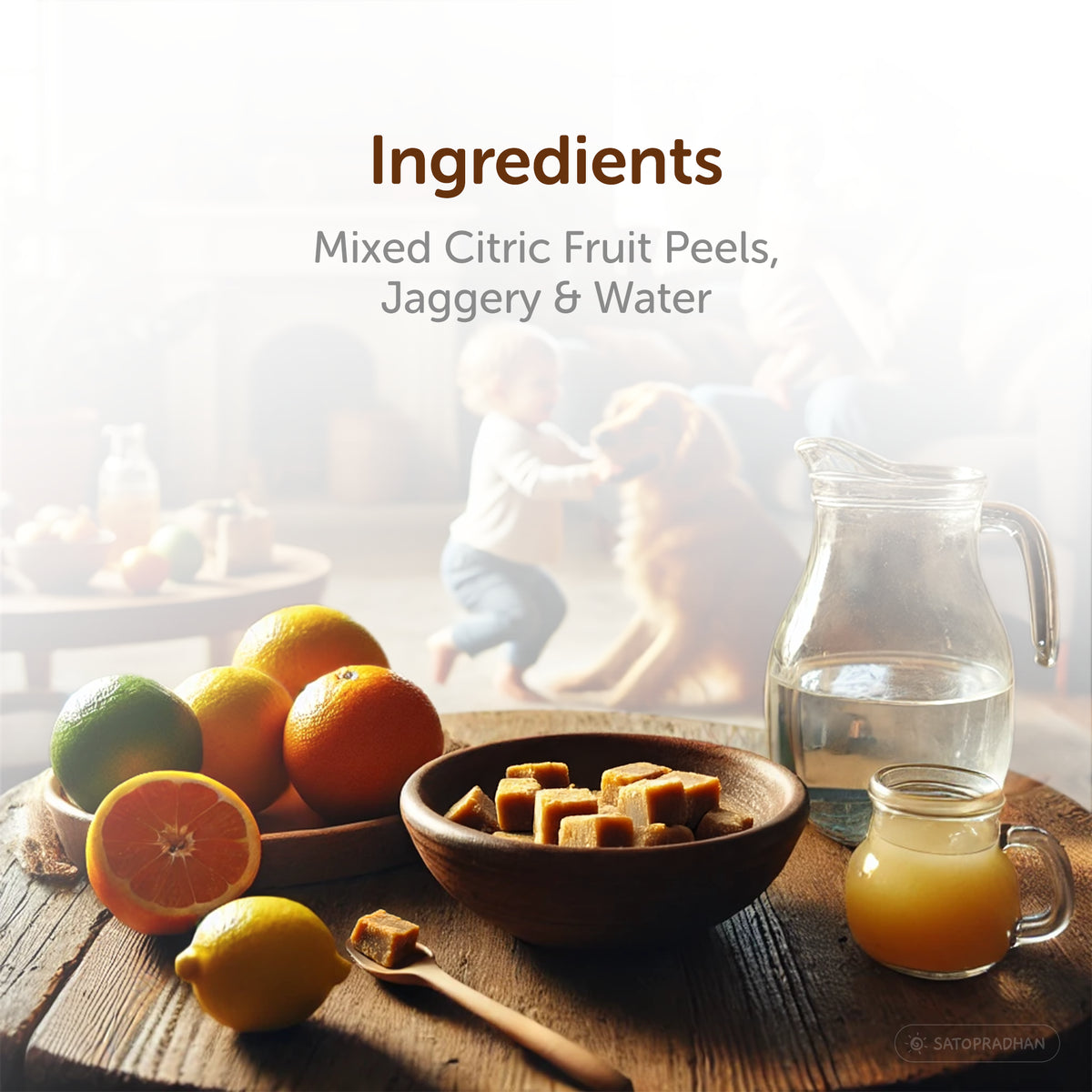 Plain Citric Bio Enzyme ingredients including mixed citrus fruit peels, jaggery and water