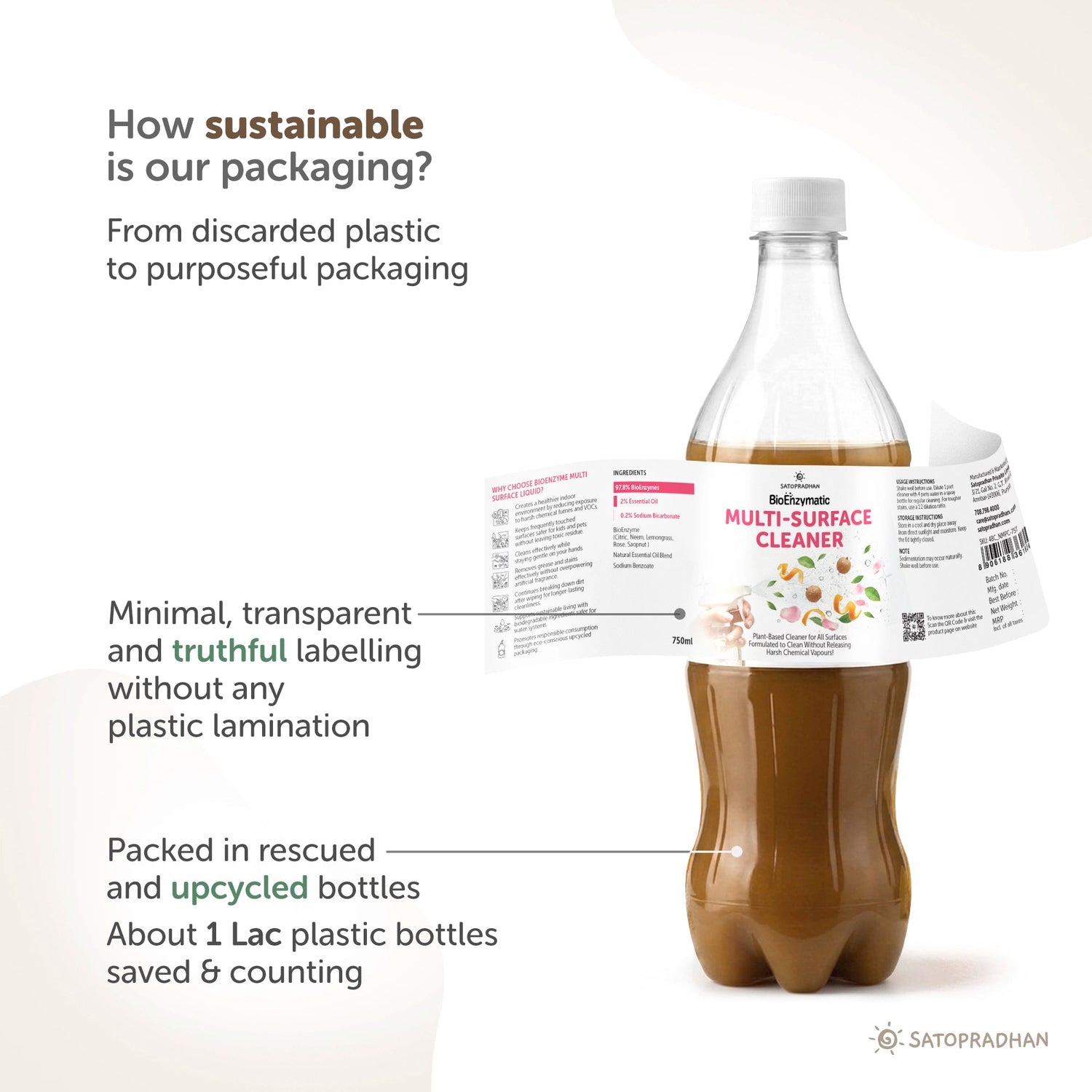 Plant-Based Multi-Surface Cleaner 750 ml - Bio-Enzyme All-Purpose Cleaning Spray - Chemical-Free Glass Cleaner - Satopradhan