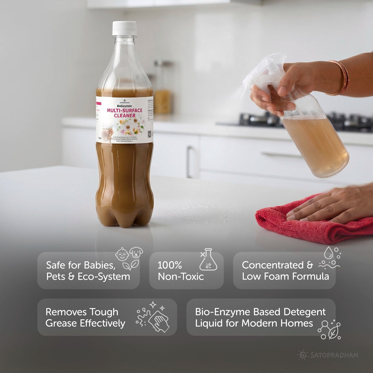 Plant-Based Multi-Surface Cleaner 750 ml - Bio-Enzyme All-Purpose Cleaning Spray - Chemical-Free Glass Cleaner - Satopradhan