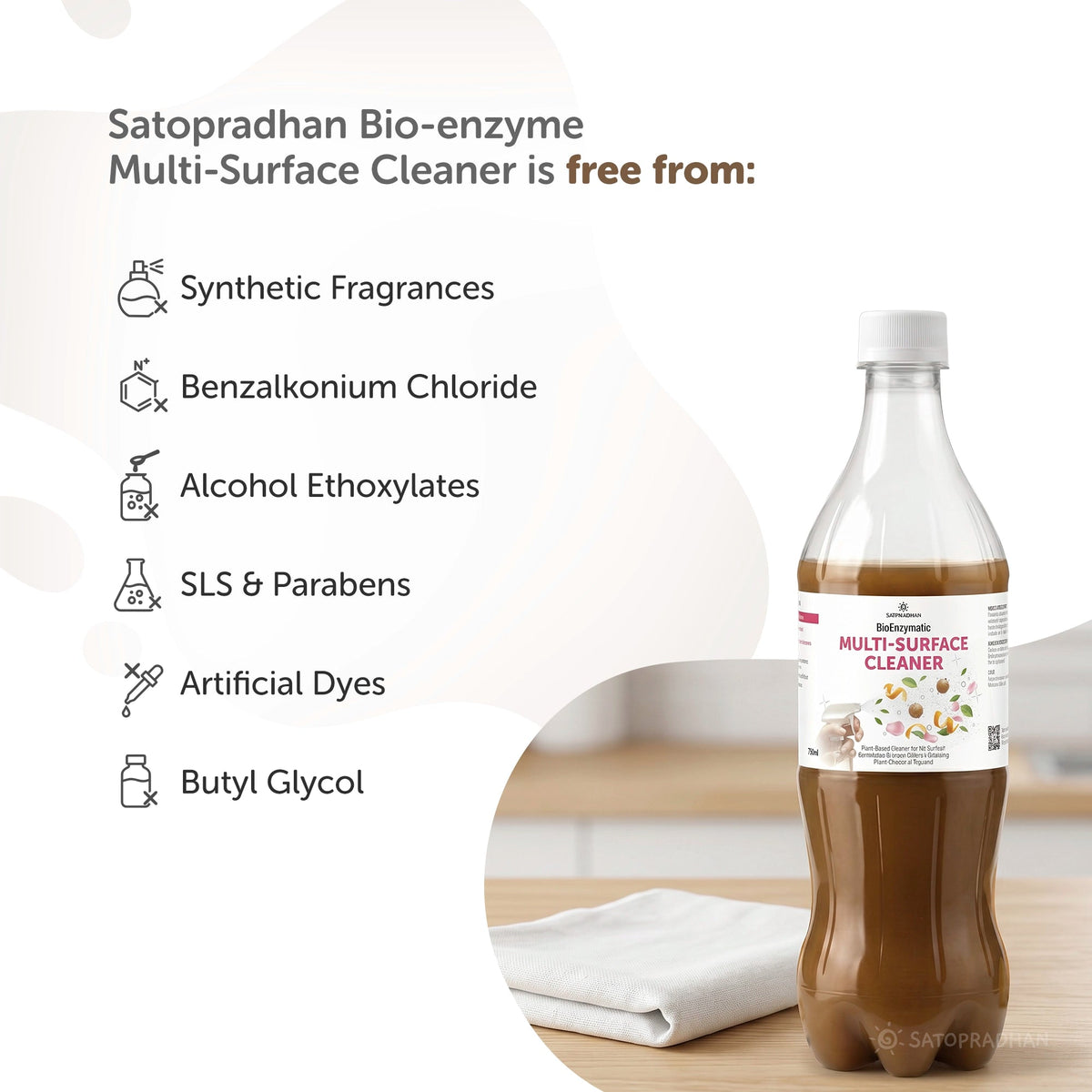 Plant-Based Multi-Surface Cleaner 750 ml - Bio-Enzyme All-Purpose Cleaning Spray - Chemical-Free Glass Cleaner - Satopradhan