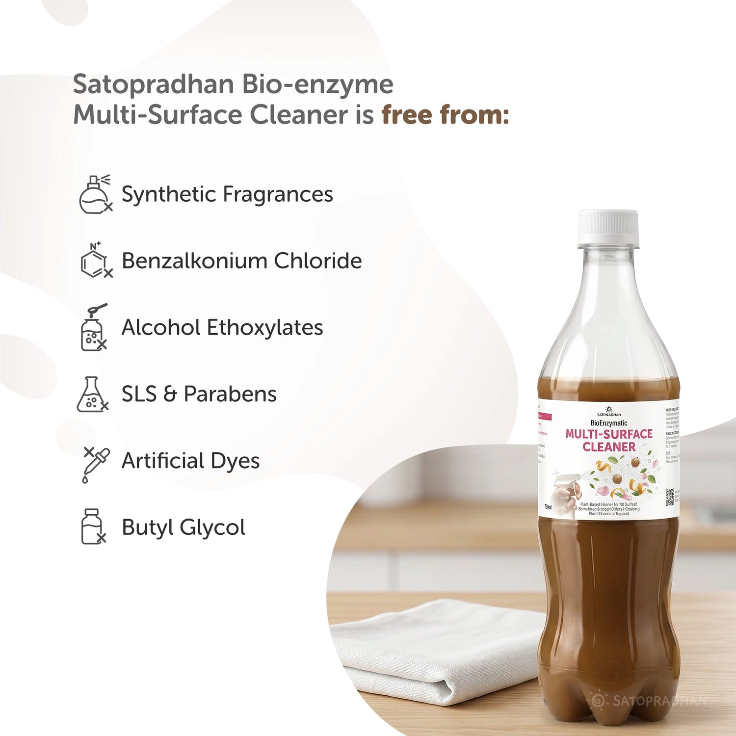 Plant-Based Multi-Surface Cleaner 750 ml - Bio-Enzyme All-Purpose Cleaning Spray - Chemical-Free Glass Cleaner - Satopradhan