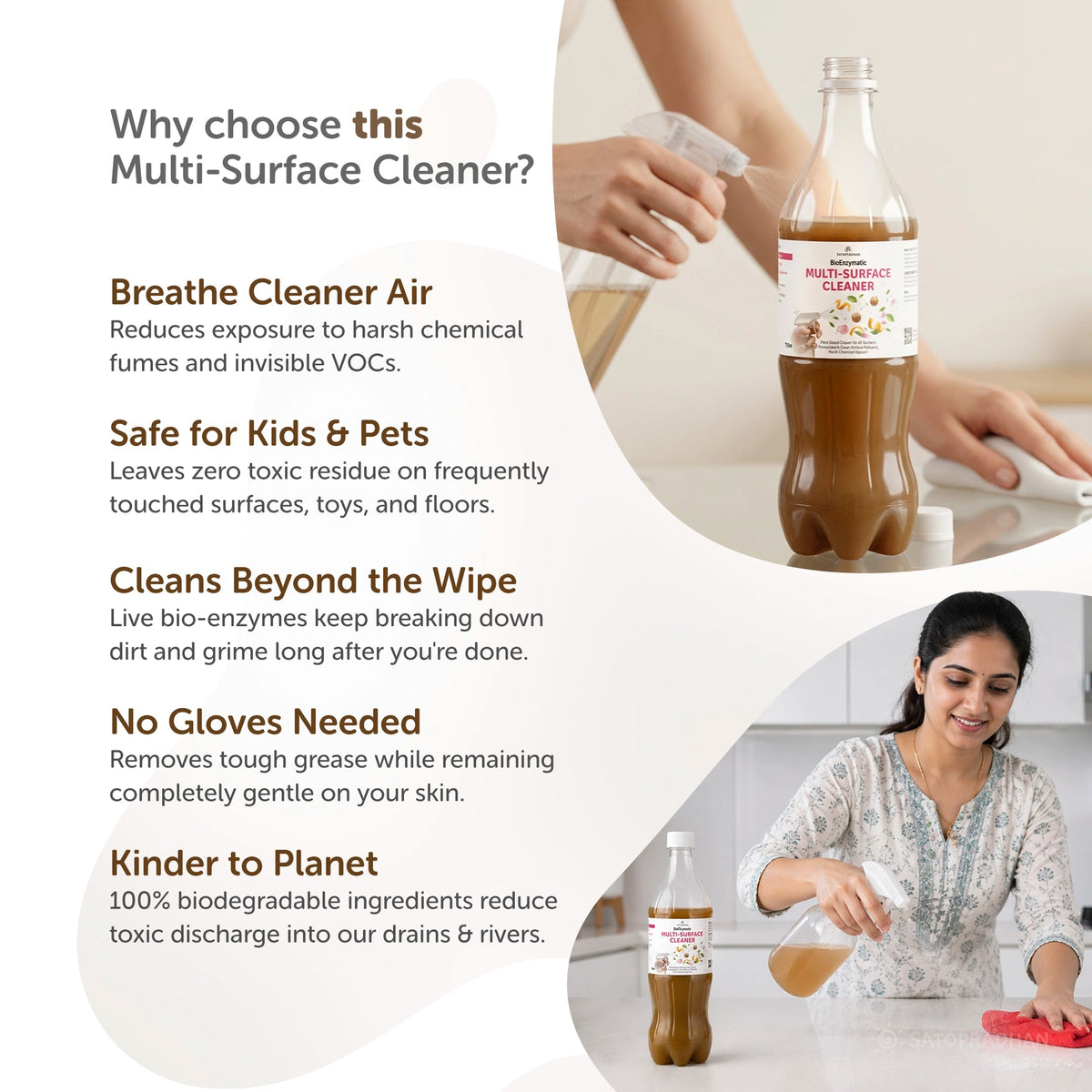 Plant-Based Multi-Surface Cleaner 750 ml - Bio-Enzyme All-Purpose Cleaning Spray - Chemical-Free Glass Cleaner - Satopradhan
