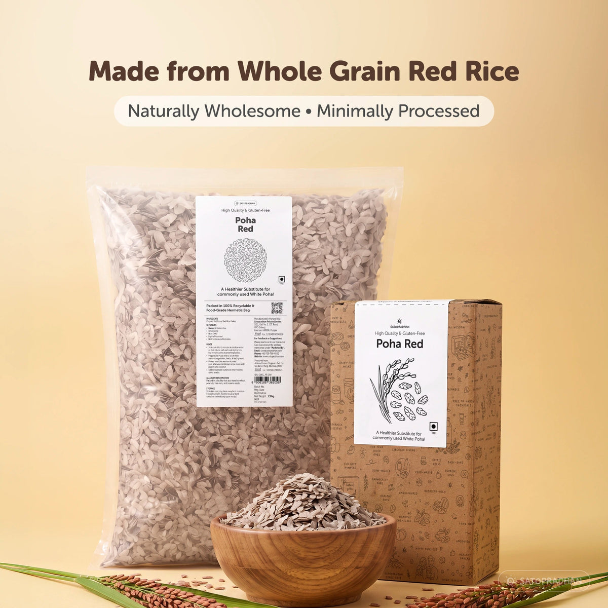 Poha Red - Organic & Wholesome 400g & 2.8 Kg - Gluten-free & Saponin-free - High-Quality Unrefined Grains without Preservatives - Satopradhan