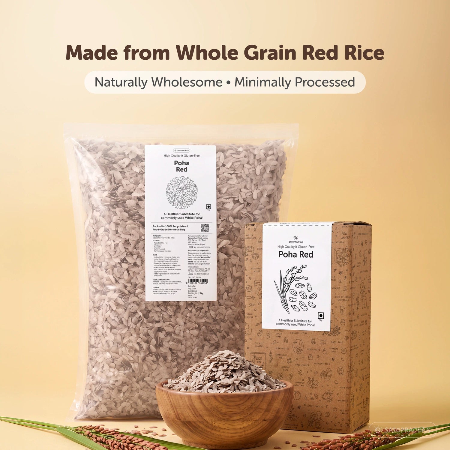 Poha Red - Organic & Wholesome 400g & 2.8 Kg - Gluten-free & Saponin-free - High-Quality Unrefined Grains without Preservatives - Satopradhan