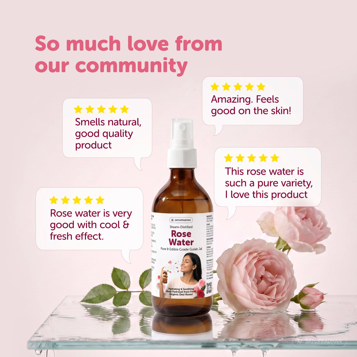 Pure Steam Distilled Rose Water 200 ml - Gulab Jal - Organic Rose Hydrosol - Face Toner & Facial Mist - Satopradhan