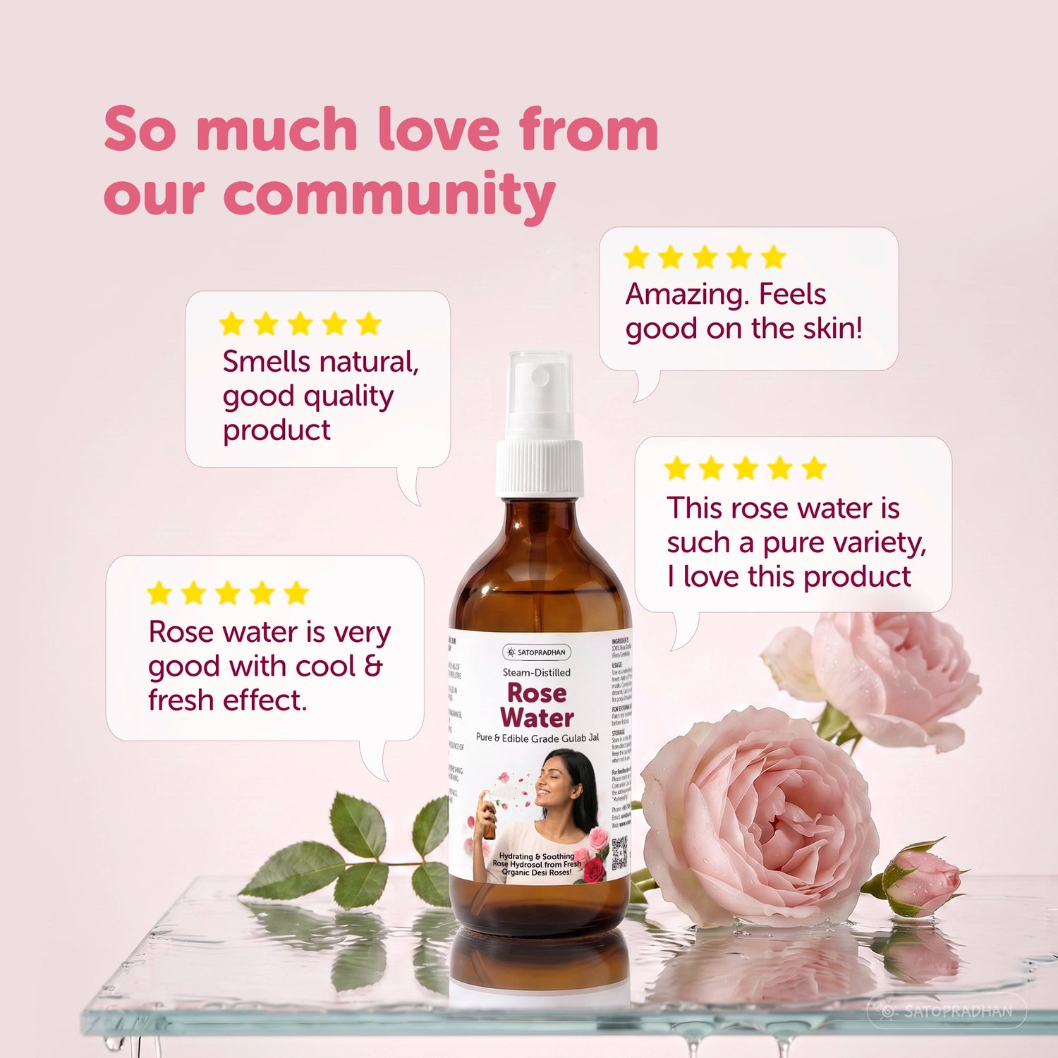 Pure Steam Distilled Rose Water 200 ml - Gulab Jal - Organic Rose Hydrosol - Face Toner & Facial Mist - Satopradhan