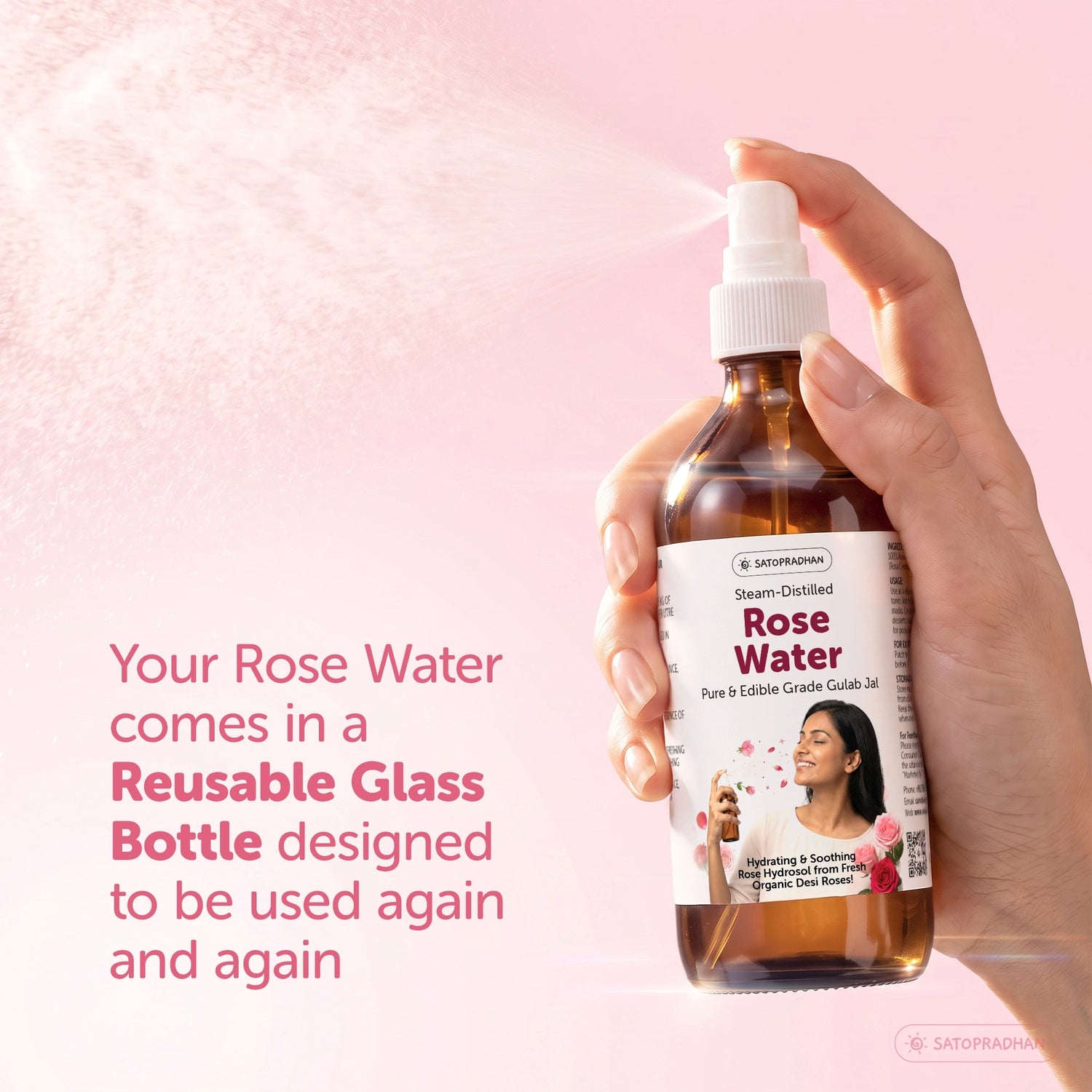 Pure Steam Distilled Rose Water 200 ml - Gulab Jal - Organic Rose Hydrosol - Face Toner & Facial Mist - Satopradhan