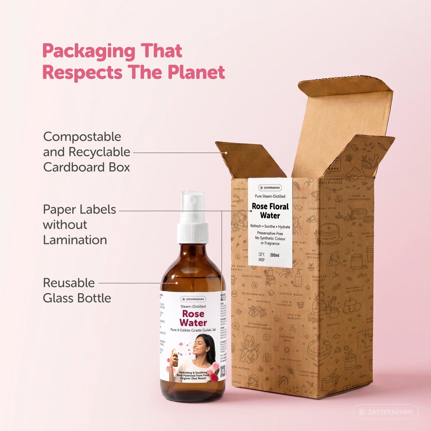 Pure Steam Distilled Rose Water 200 ml - Gulab Jal - Organic Rose Hydrosol - Face Toner & Facial Mist - Satopradhan
