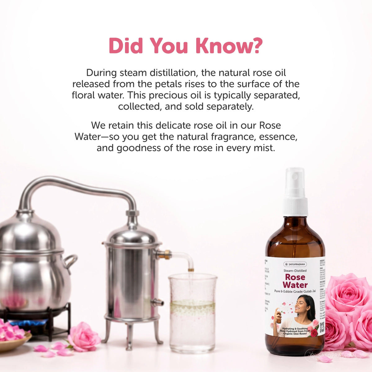 Pure Steam Distilled Rose Water 200 ml - Gulab Jal - Organic Rose Hydrosol - Face Toner & Facial Mist - Satopradhan