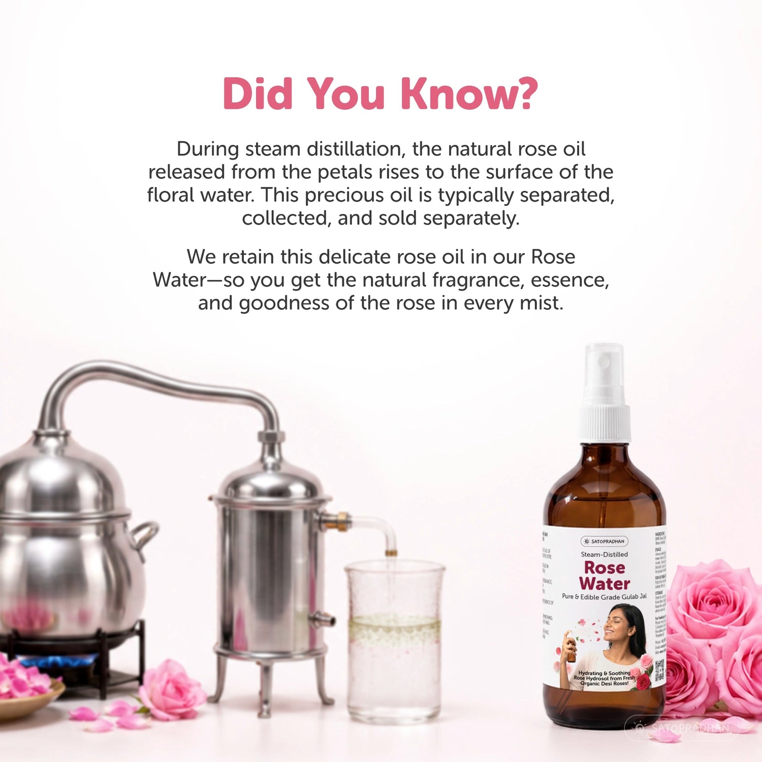 Pure Steam Distilled Rose Water 200 ml - Gulab Jal - Organic Rose Hydrosol - Face Toner & Facial Mist - Satopradhan