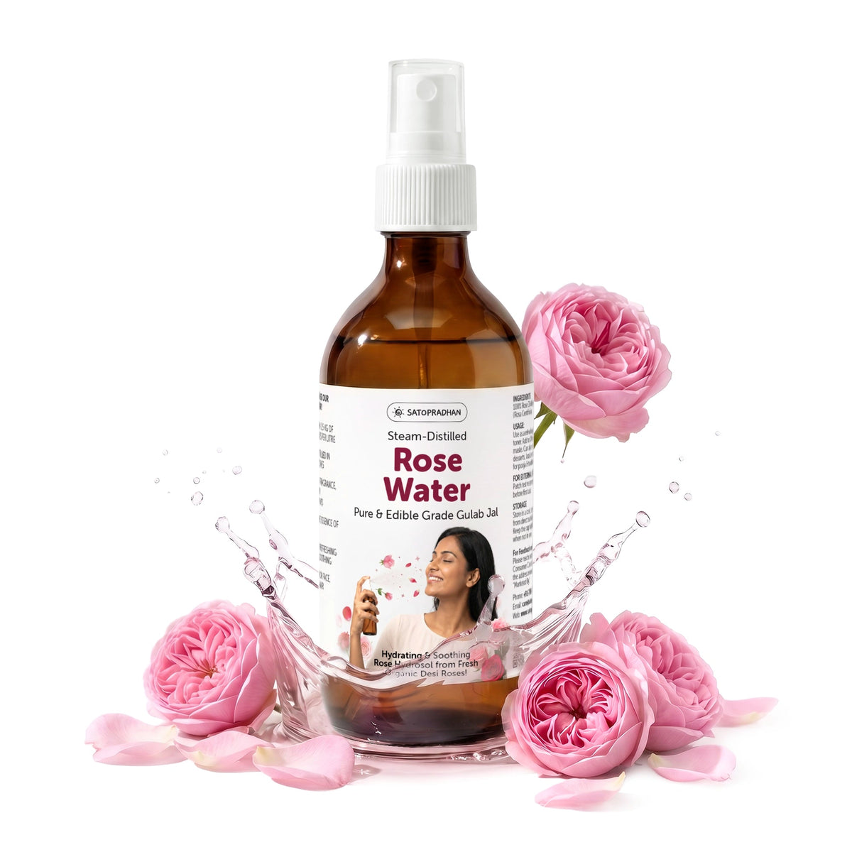 Pure Steam Distilled Rose Water 200 ml - Gulab Jal - Organic Rose Hydrosol - Face Toner & Facial Mist - Satopradhan