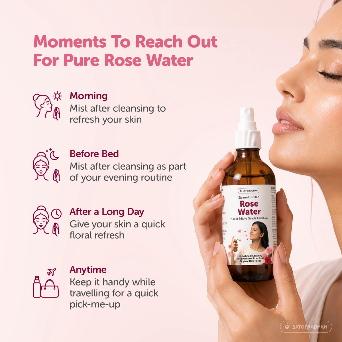 Pure Steam Distilled Rose Water 200 ml - Gulab Jal - Organic Rose Hydrosol - Face Toner & Facial Mist - Satopradhan