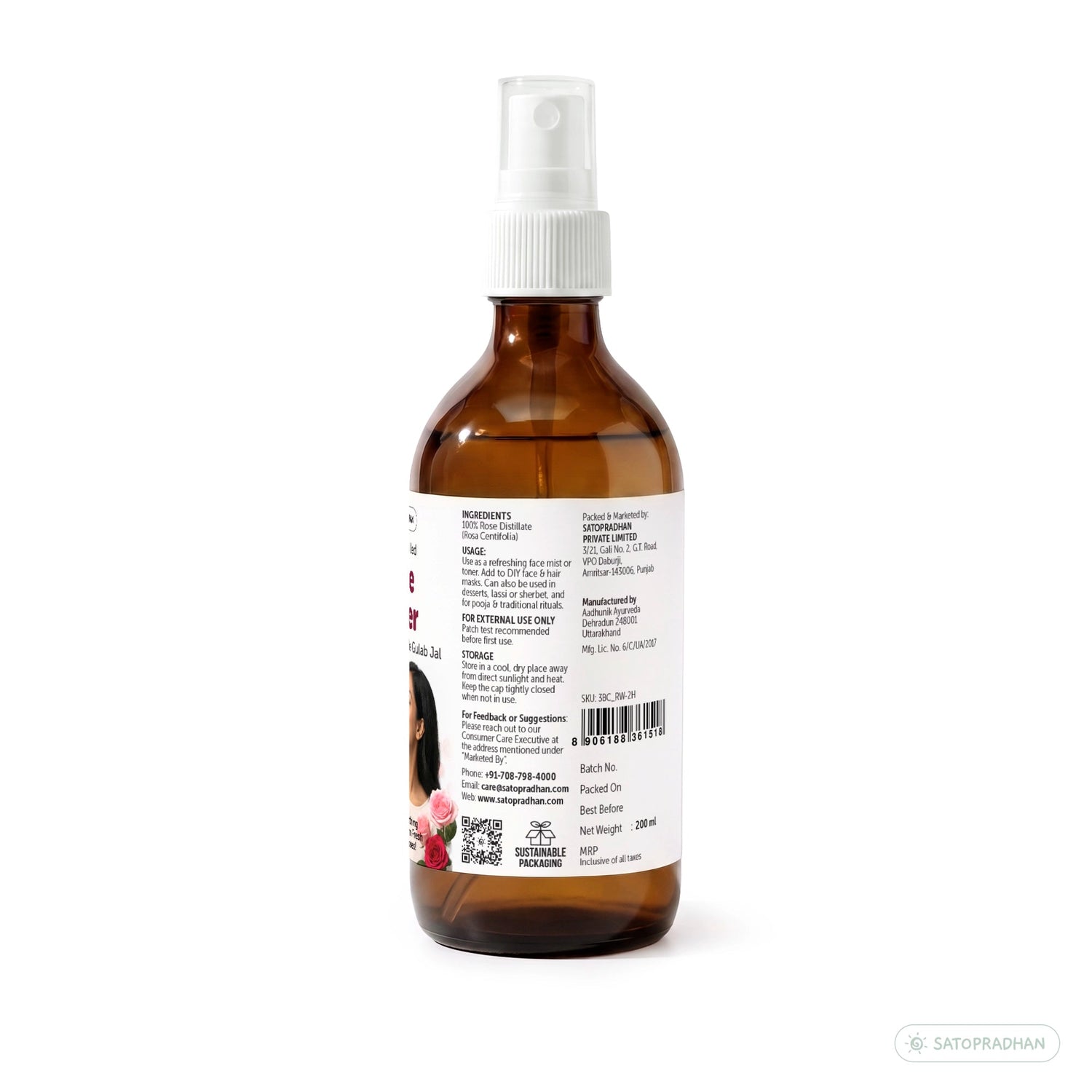 Pure Steam Distilled Rose Water 200 ml - Gulab Jal - Organic Rose Hydrosol - Face Toner & Facial Mist - Satopradhan