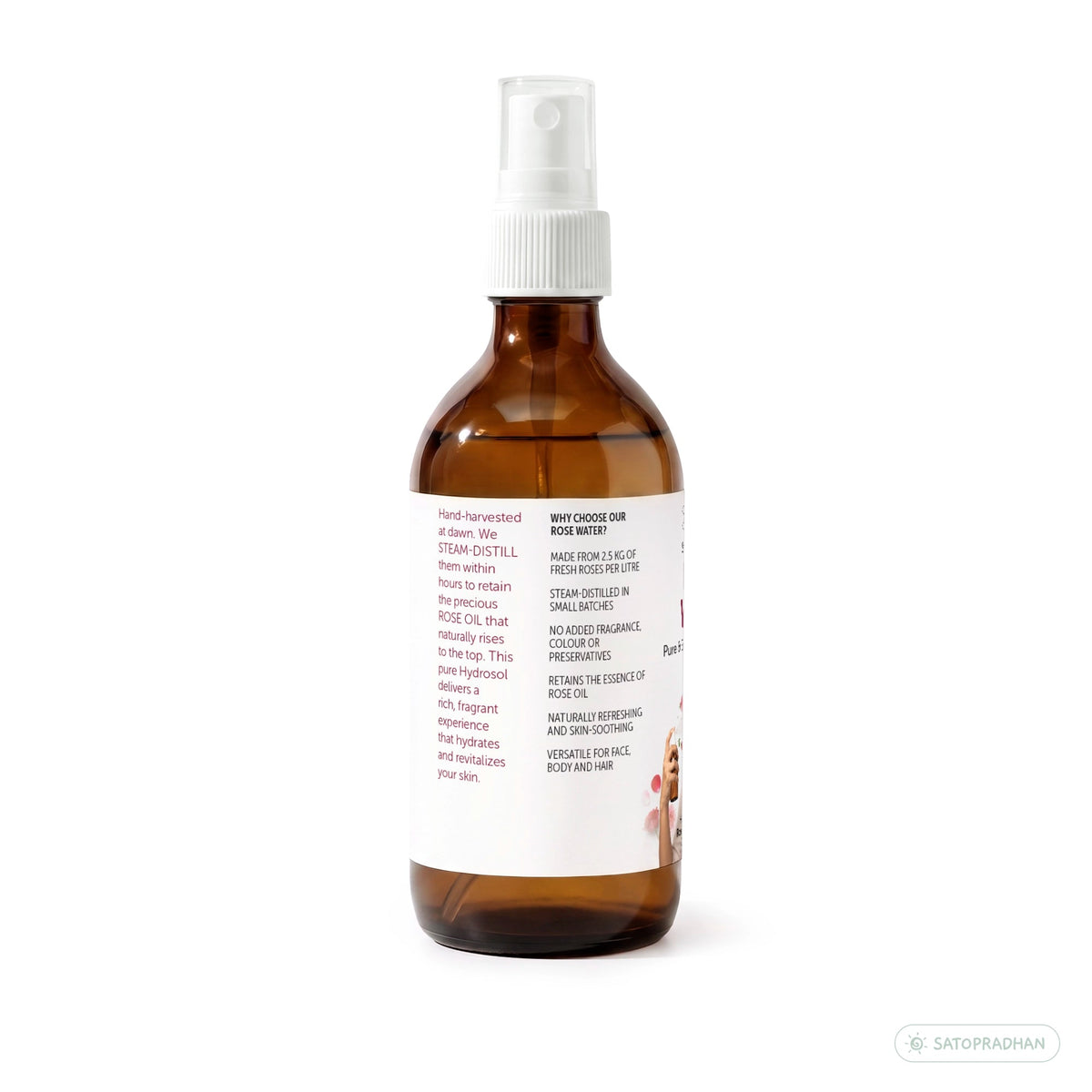 Pure Steam Distilled Rose Water 200 ml - Gulab Jal - Organic Rose Hydrosol - Face Toner & Facial Mist - Satopradhan
