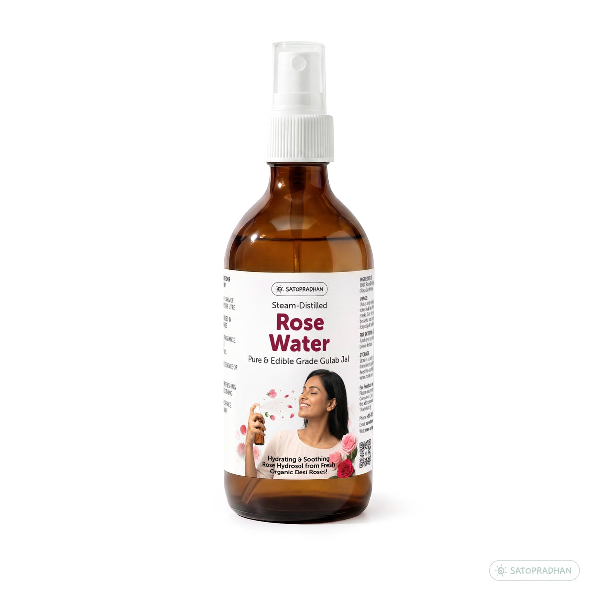Pure Steam Distilled Rose Water 200 ml - Gulab Jal - Organic Rose Hydrosol - Face Toner & Facial Mist - Satopradhan