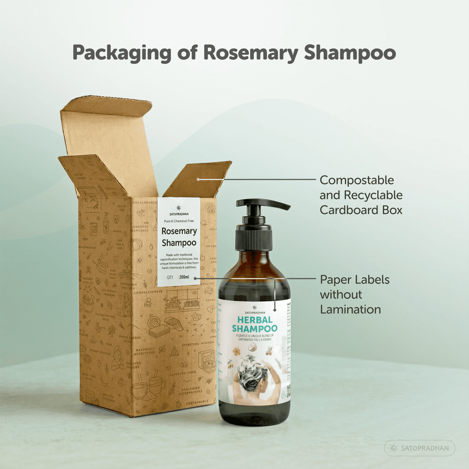 Saponified Rosemary Shampoo 200ml Glass Bottle / 900ml Refill in Upcycled Plastic Bottle - Mild, Natural & Eco-friendly - For Normal to Oily Hair Types - Sulphate & Paraben-free - Satopradhan