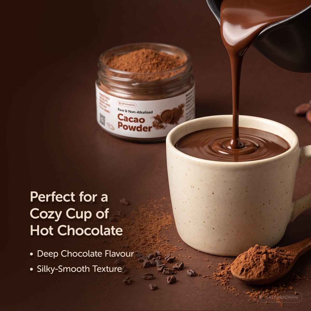 Satopradhan cacao powder used to make a rich homemade hot chocolate