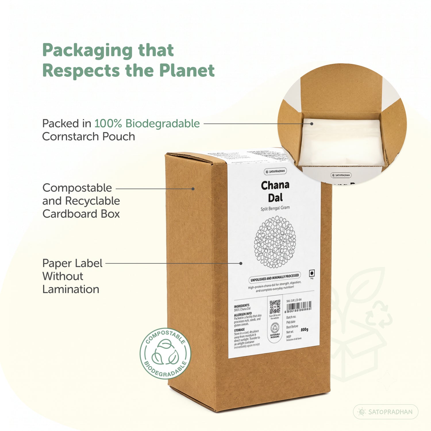 Satopradhan Chana Dal split Bengal gram in a kraft cardboard box featuring a biodegradable cornstarch pouch, an unlaminated paper label, and compostable, recyclable packaging.