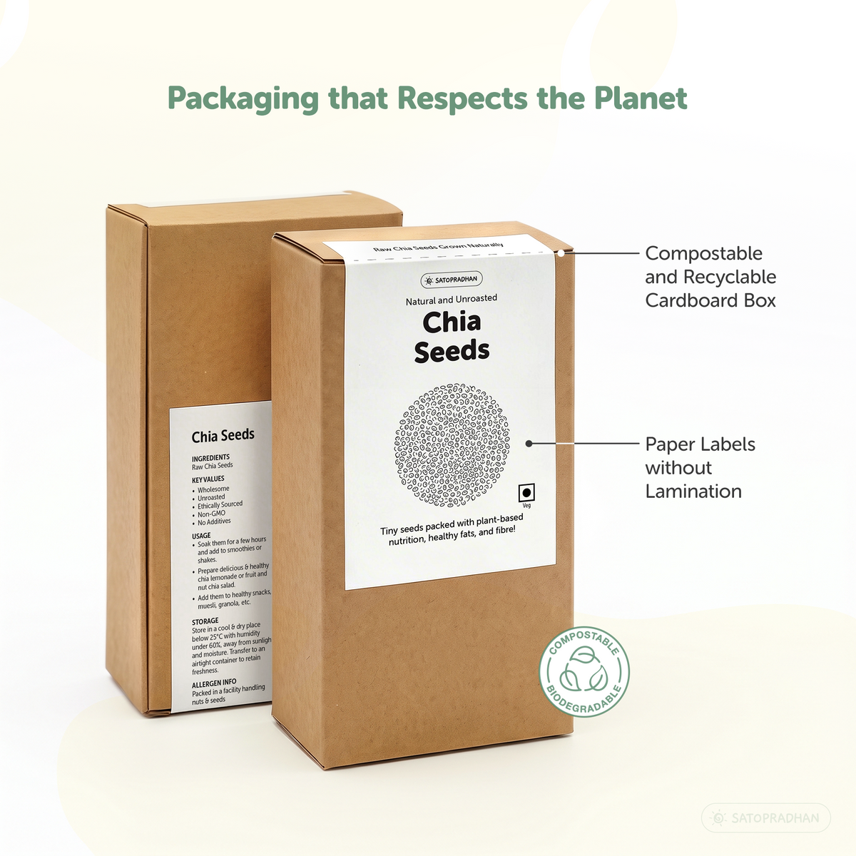 Satopradhan raw chia seeds in a kraft cardboard box featuring an unlaminated paper label and compostable, recyclable packaging.