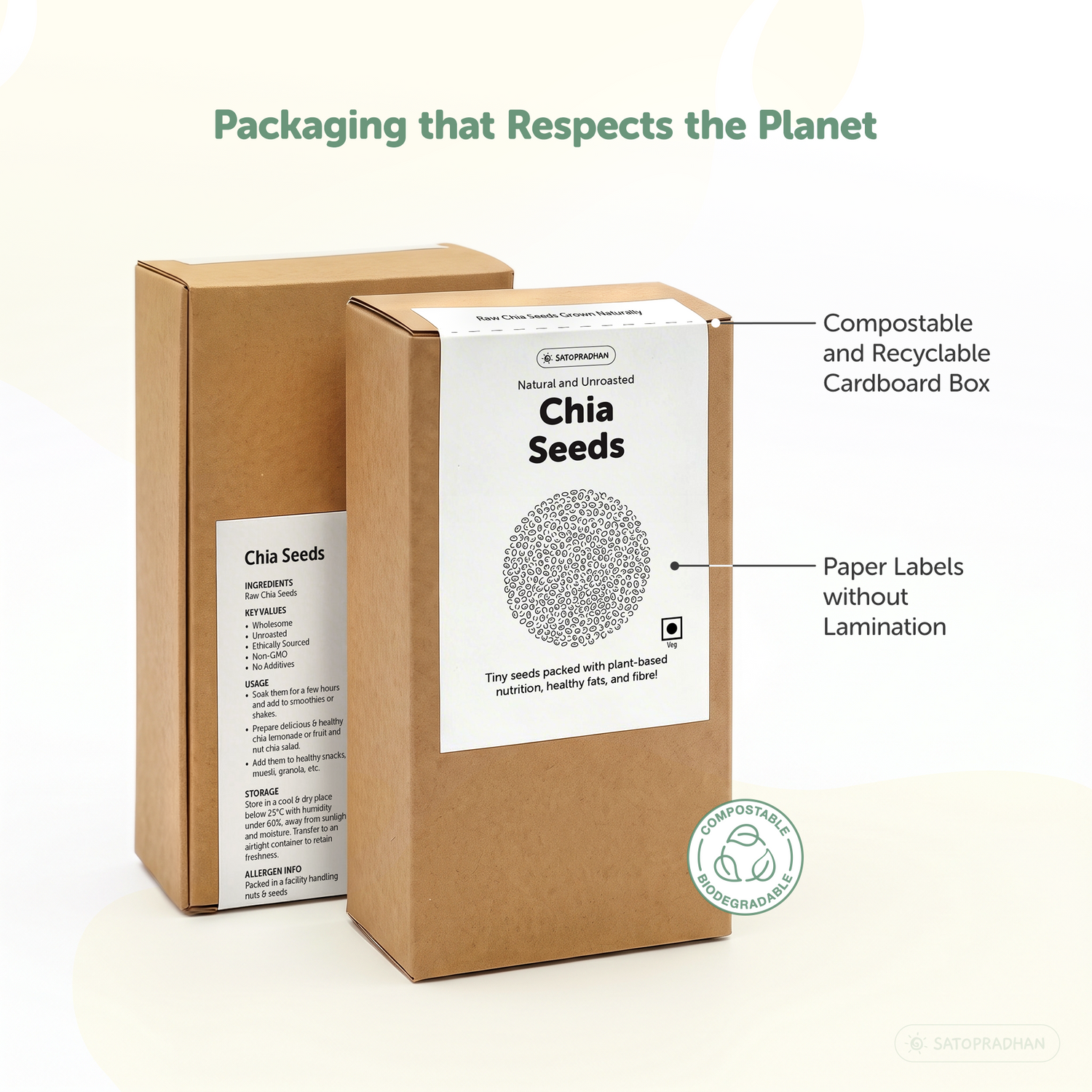 Satopradhan raw chia seeds in a kraft cardboard box featuring an unlaminated paper label and compostable, recyclable packaging.