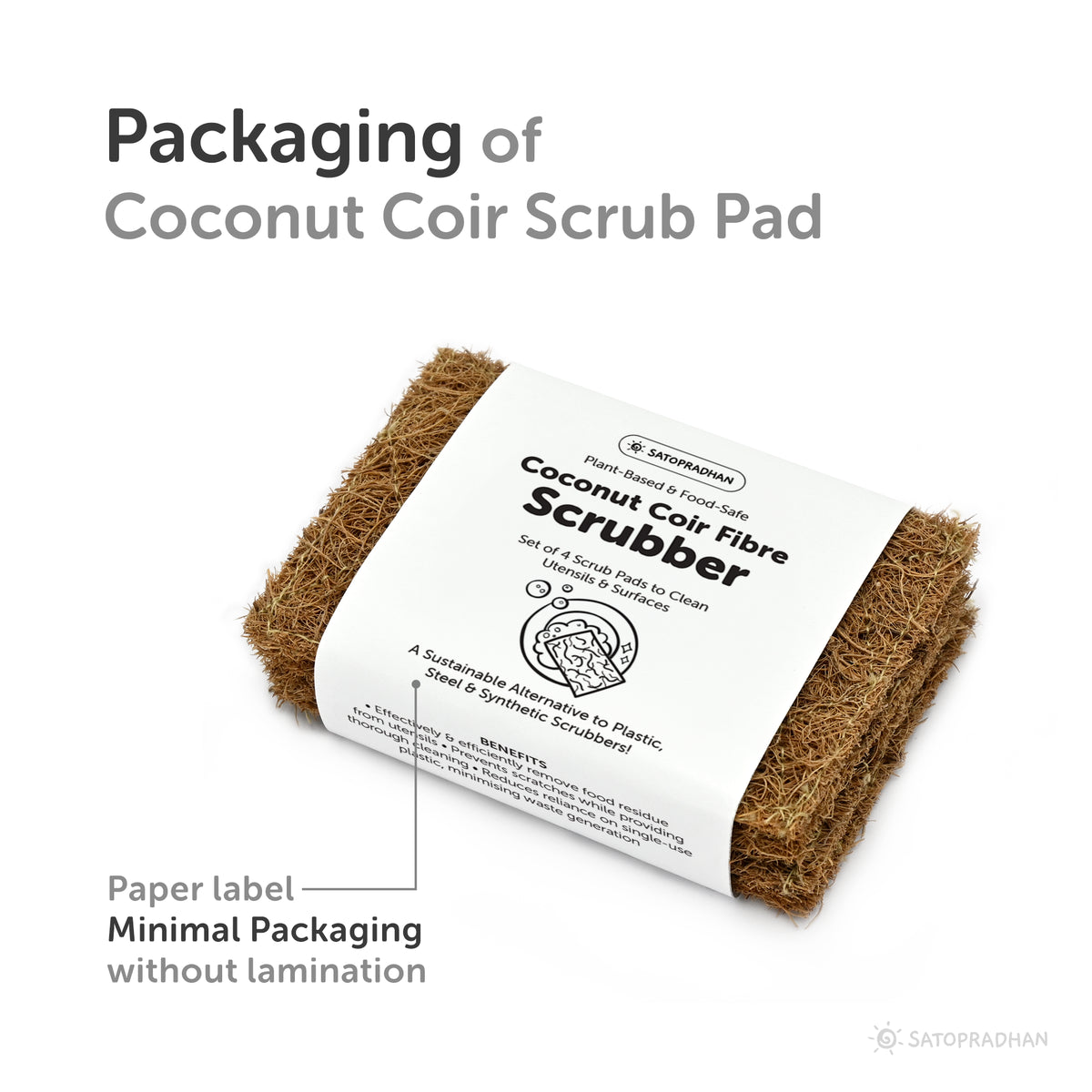 Satopradhan coconut coir fibre scrubber set in minimal unlaminated paper packaging, showcasing a sustainable alternative to plastic and synthetic scrubbers.