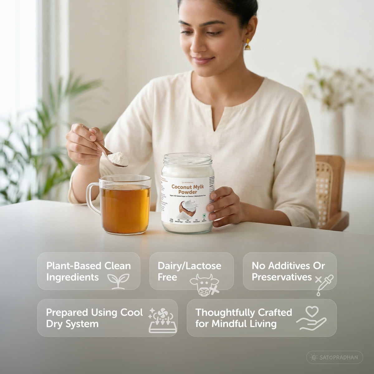 Satopradhan Coconut Mylk Powder with plant-based clean ingredients, dairy and lactose-free formula, no additives or preservatives, and cool dry system processing