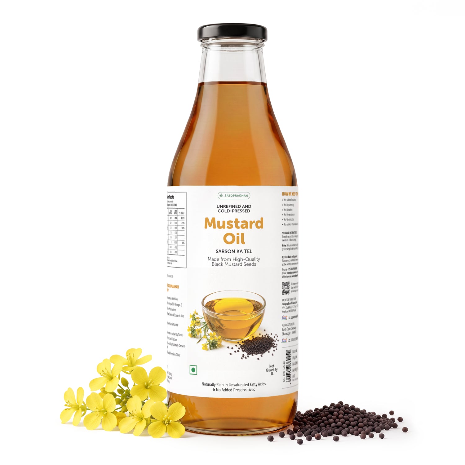 Satopradhan unrefined cold-pressed mustard oil in a glass bottle with yellow mustard flowers and black mustard seeds on a white background.