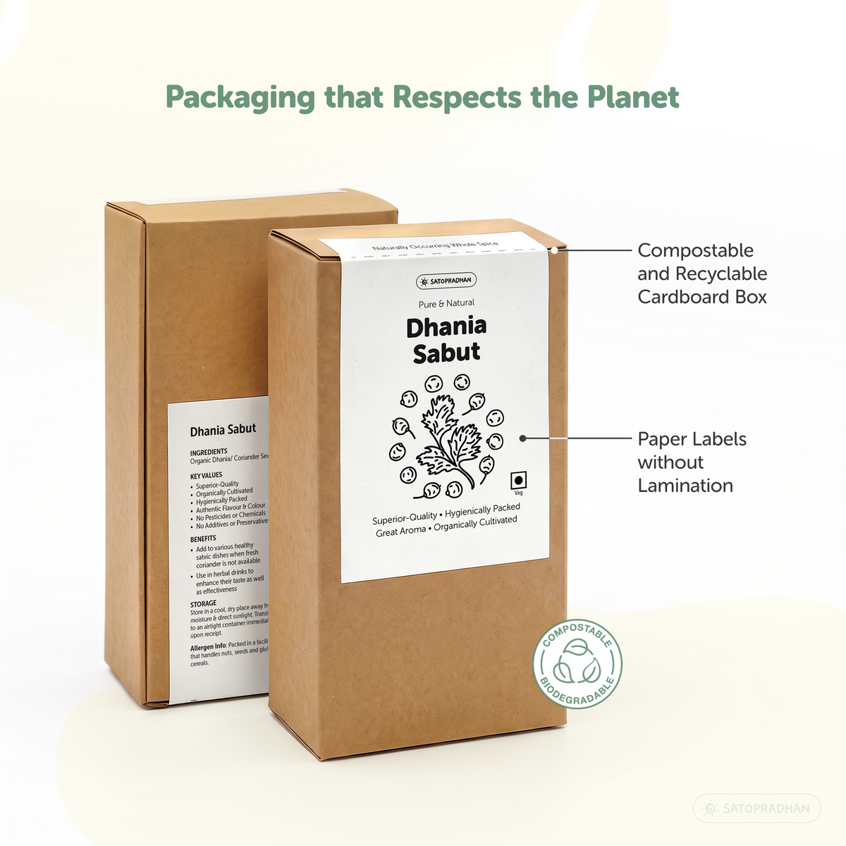 Satopradhan Dhania Sabut organic coriander seeds in a kraft cardboard box featuring an unlaminated paper label and compostable, recyclable packaging.