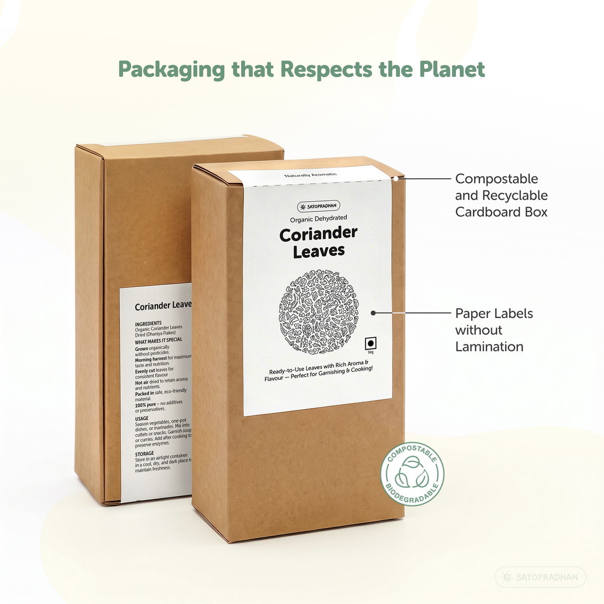 Satopradhan dried coriander leaves (Dhaniya) in a kraft cardboard box featuring an unlaminated paper label and compostable, recyclable packaging.