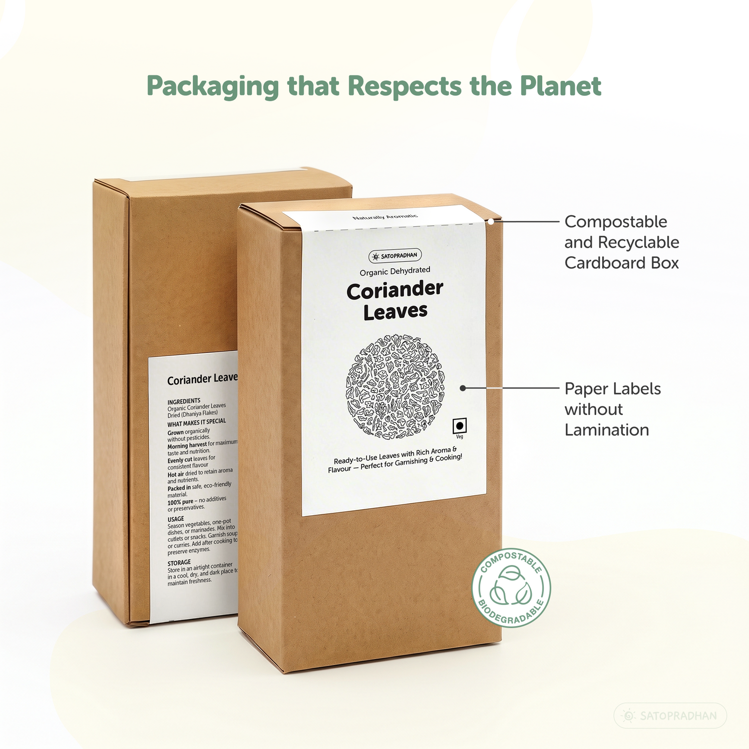 Satopradhan dried coriander leaves (Dhaniya) in a kraft cardboard box featuring an unlaminated paper label and compostable, recyclable packaging.