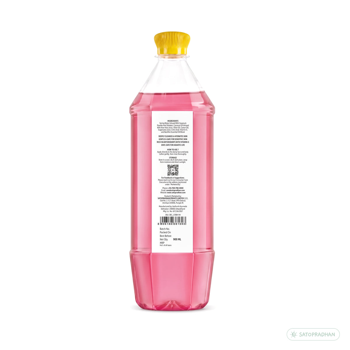 Back view of the Satopradhan 900 ml Face and Body Wash Castile Liquid Soap refill bottle, displaying ingredients, usage instructions, product details, and barcode on the label.