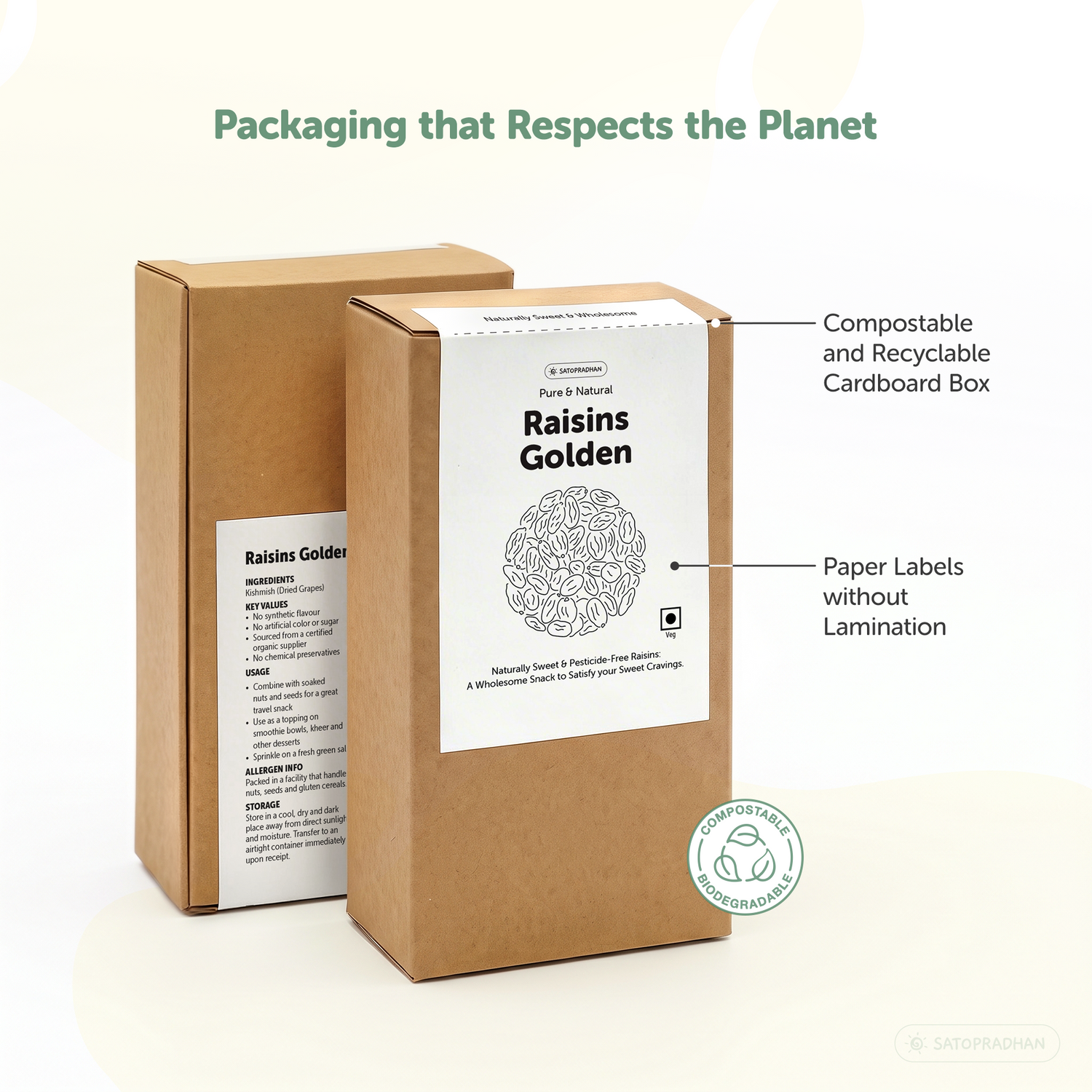 Satopradhan Golden Raisins 200g in a kraft cardboard box with an unlaminated paper label and compostable, recyclable packaging.