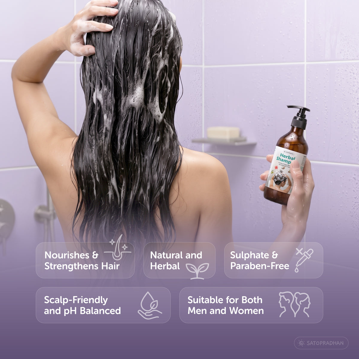 Satopradhan Herbal Shampoo highlighting hair nourishment, natural herbal ingredients, sulphate and paraben-free formulation, pH-balanced scalp care, and suitability for men and women.