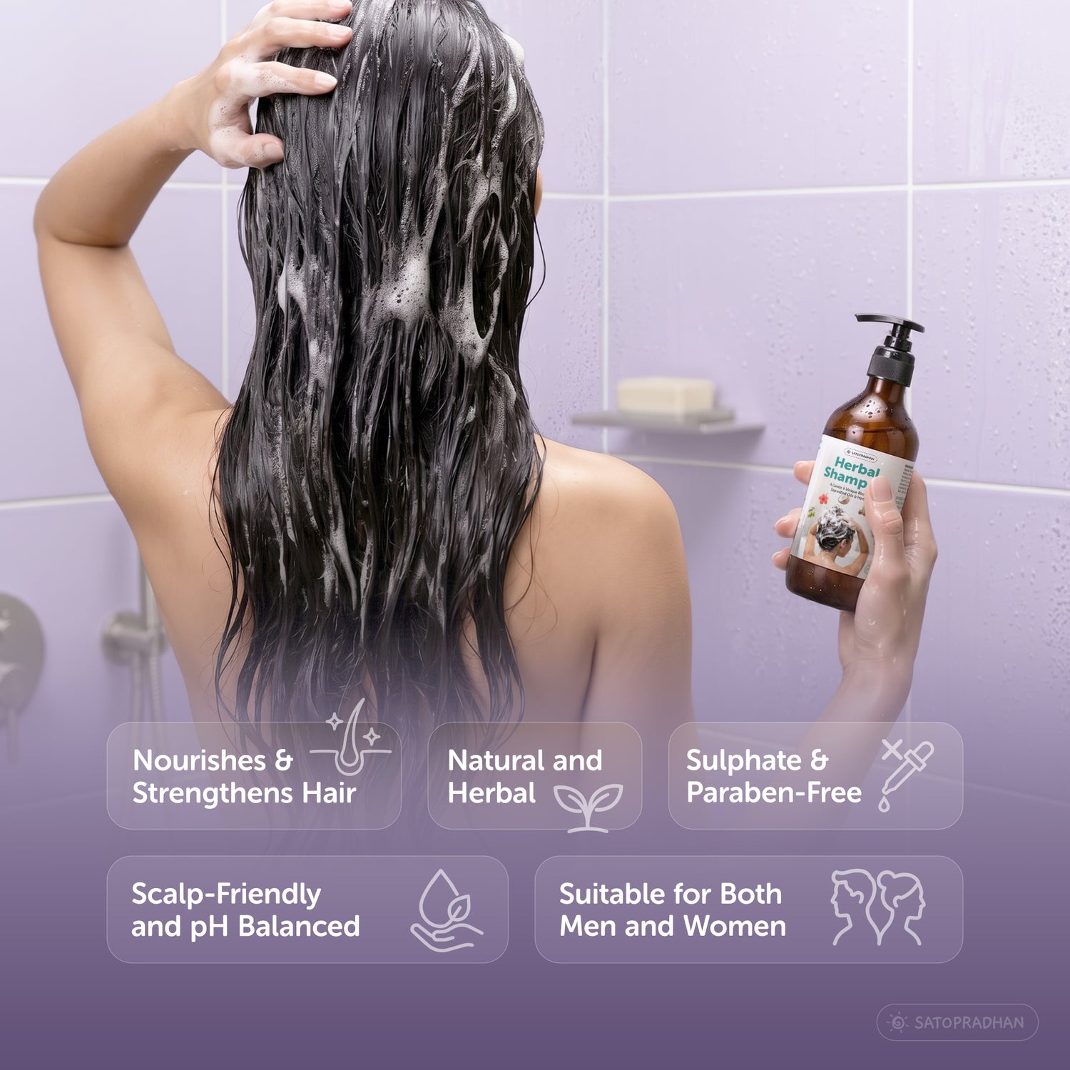Satopradhan Herbal Shampoo highlighting hair nourishment, natural herbal ingredients, sulphate and paraben-free formulation, pH-balanced scalp care, and suitability for men and women.