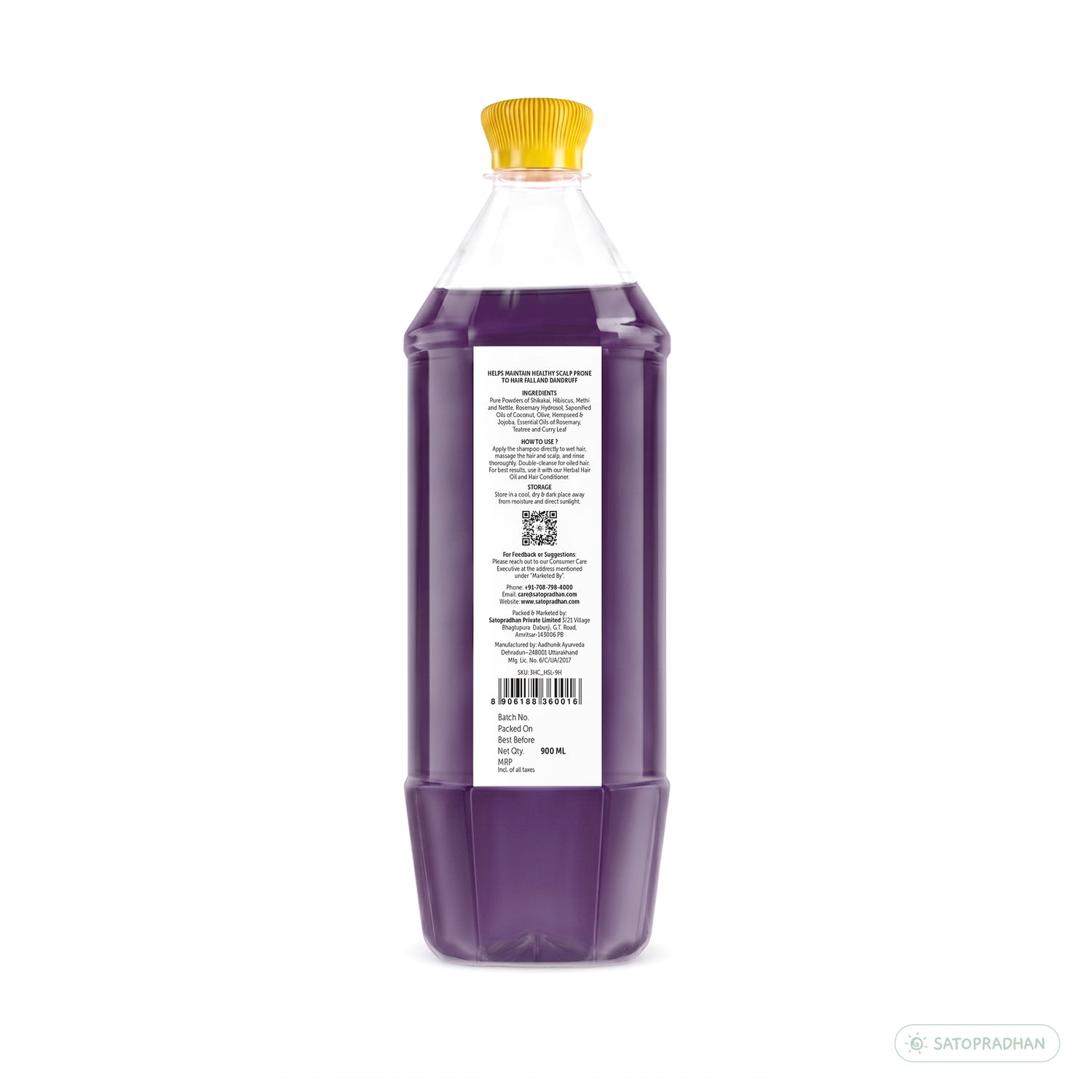 Back view of the Satopradhan 900 ml Herbal Shampoo Liquid refill bottle, displaying ingredients, directions for use, storage information, manufacturer details, and barcode.