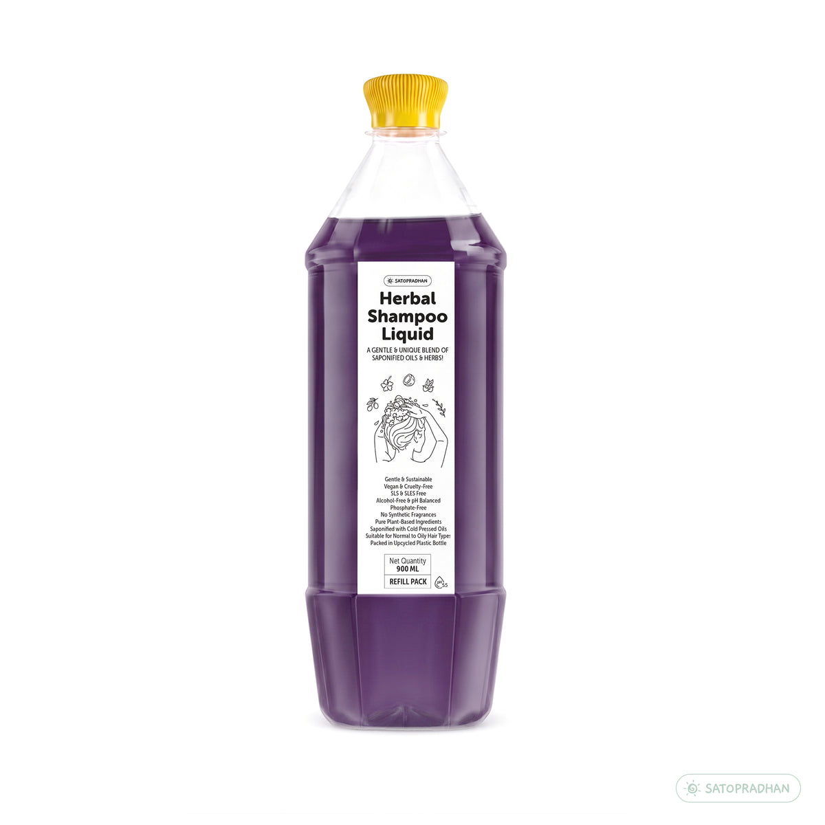 Front view of Satopradhan Herbal Shampoo Liquid in a 900 ml purple refill bottle with a yellow cap, featuring a plant-based formula made with saponified oils and herbs.