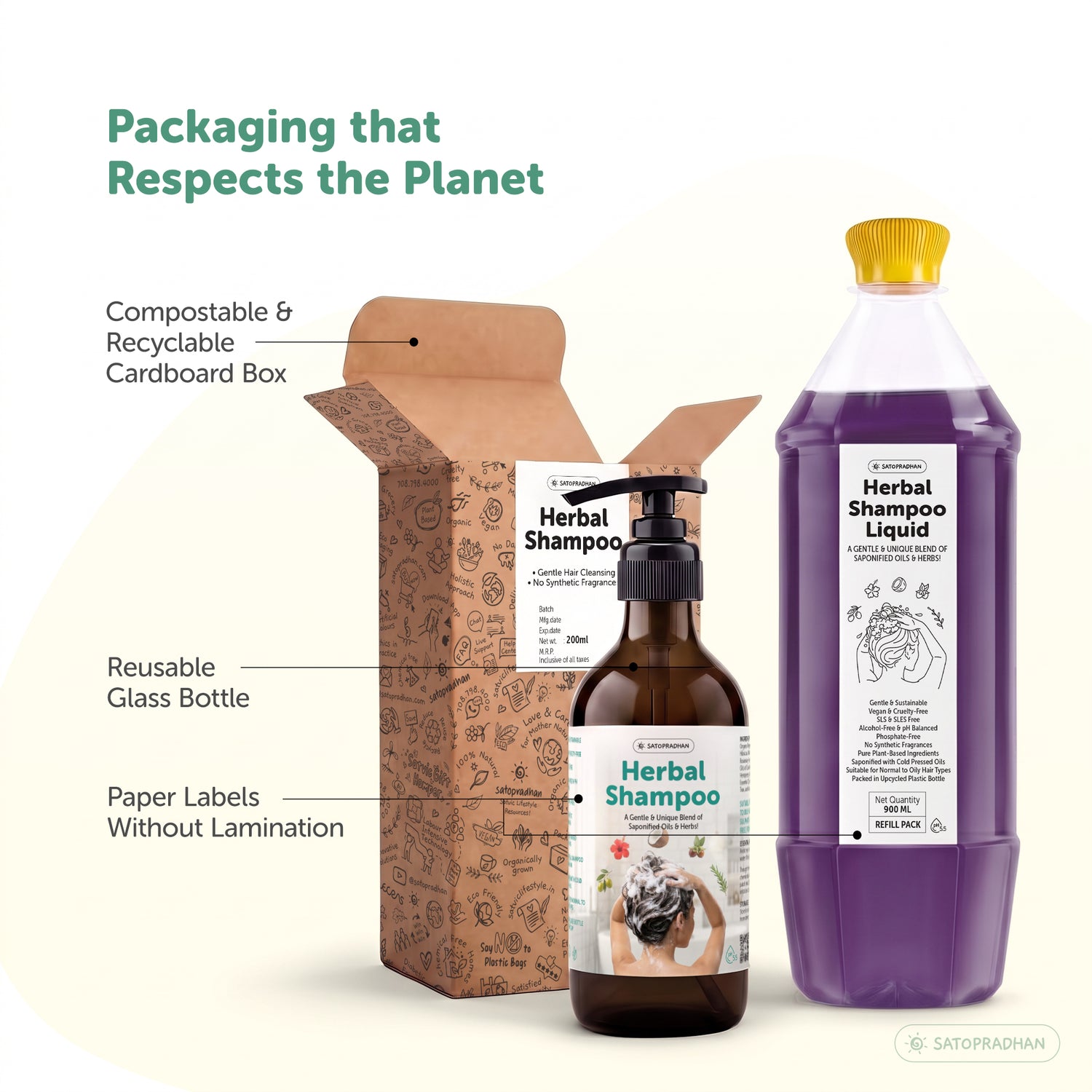 Satopradhan Herbal Shampoo packaging featuring a reusable amber glass pump bottle, a compostable and recyclable cardboard box, and a 900 ml herbal shampoo refill bottle.