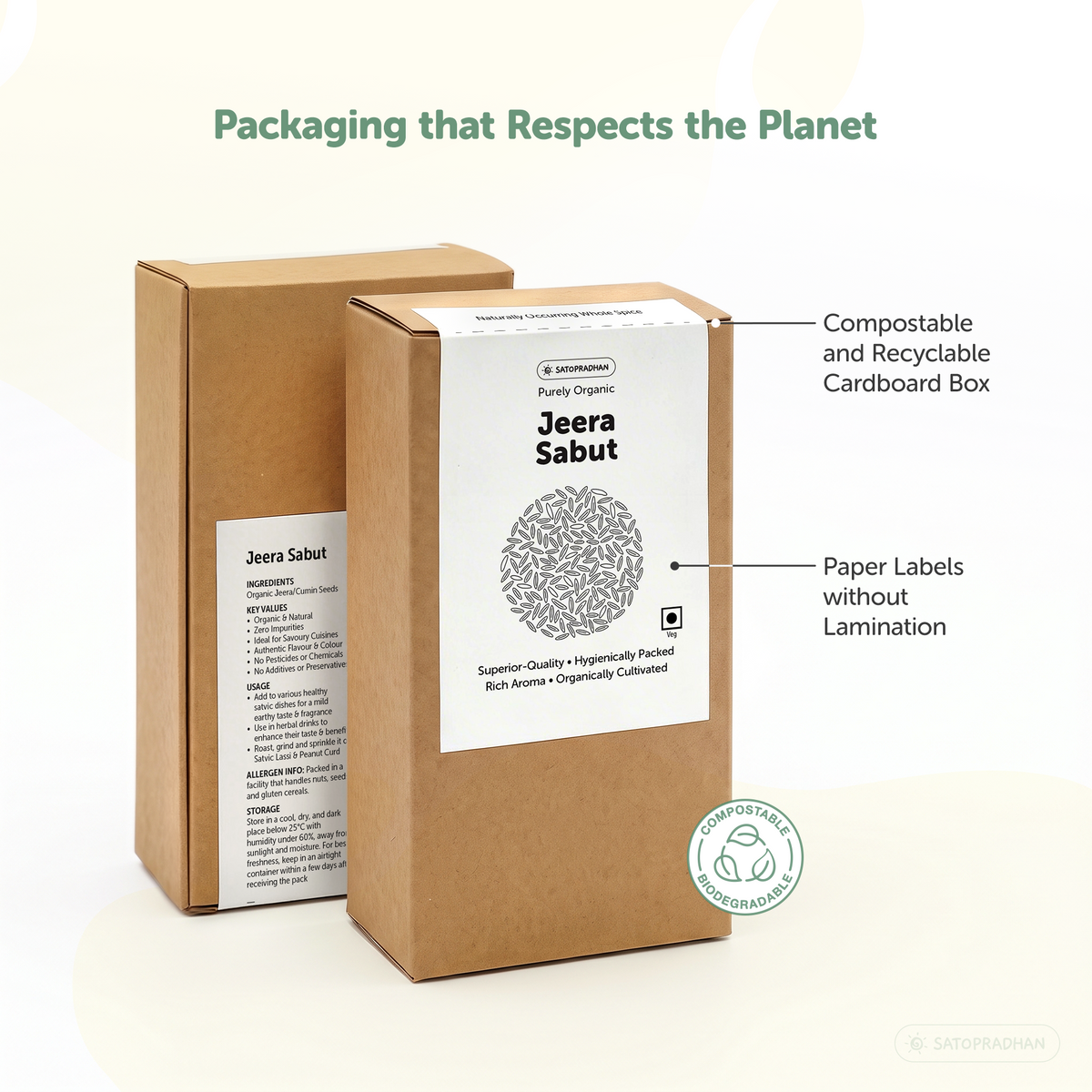 Satopradhan Jeera Sabut organic cumin seeds in a kraft cardboard box featuring an unlaminated paper label and compostable, recyclable packaging.