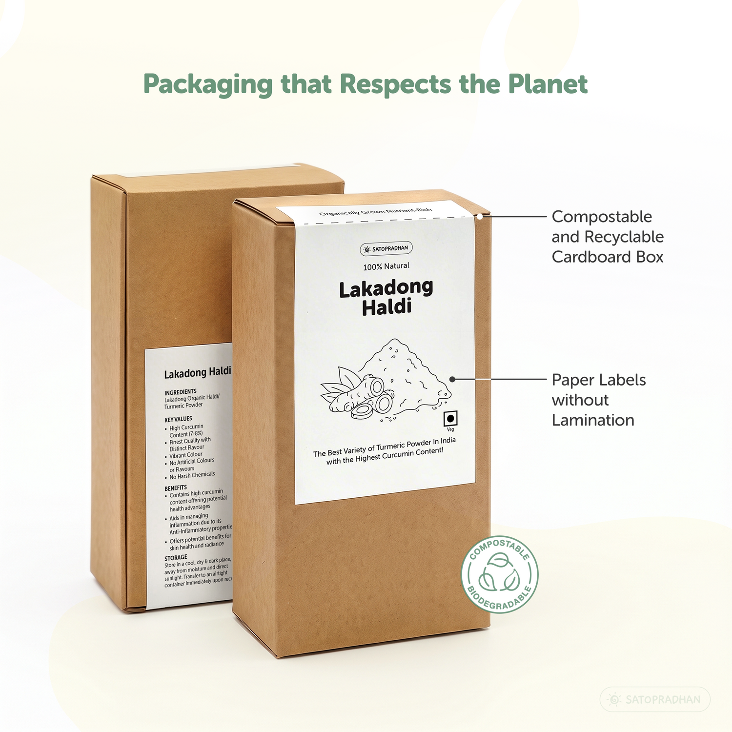 Satopradhan Lakadong Haldi turmeric powder in a kraft cardboard box featuring an unlaminated paper label and compostable, recyclable packaging.