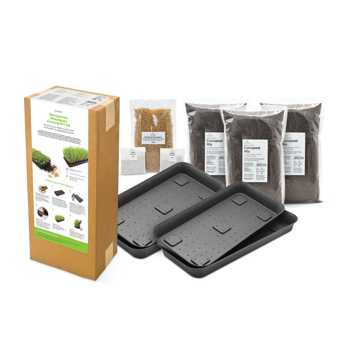 Satopradhan Microgreens and Wheatgrass Growing Kit packaging with reusable trays, cocopeat mix, and wheatgrass, radish, and alfalfa seeds.