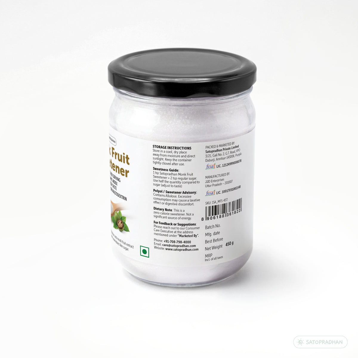 Back label of Satopradhan Monk Fruit Sweetener showing nutritional facts, the allulose and monk fruit extract ingredients, sweetness contribution, and product information.