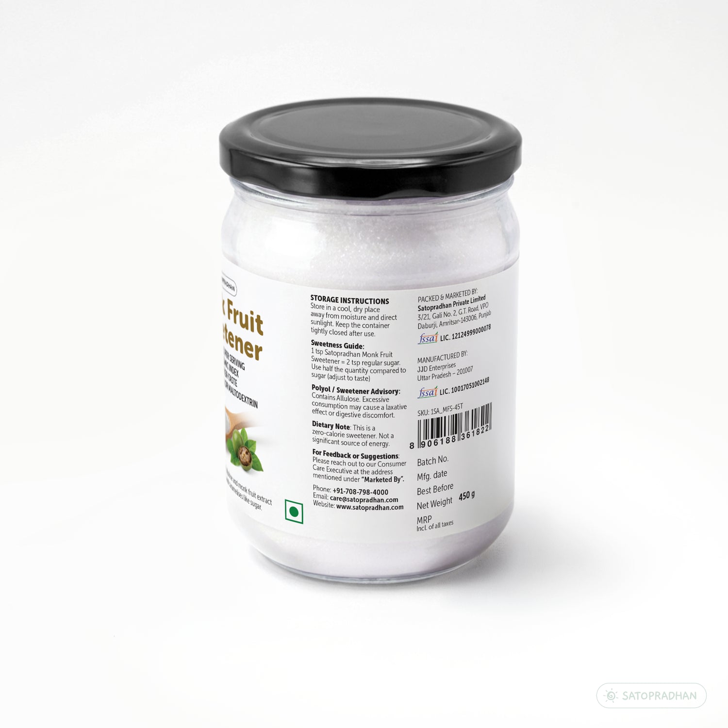 Back label of Satopradhan Monk Fruit Sweetener showing nutritional facts, the allulose and monk fruit extract ingredients, sweetness contribution, and product information.