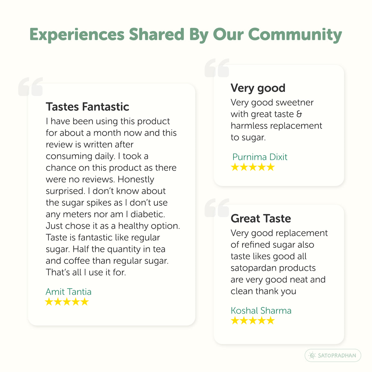 Customer reviews of Satopradhan Monk Fruit Sweetener highlighting feedback about its taste, sweetness, and use as a replacement for refined sugar.