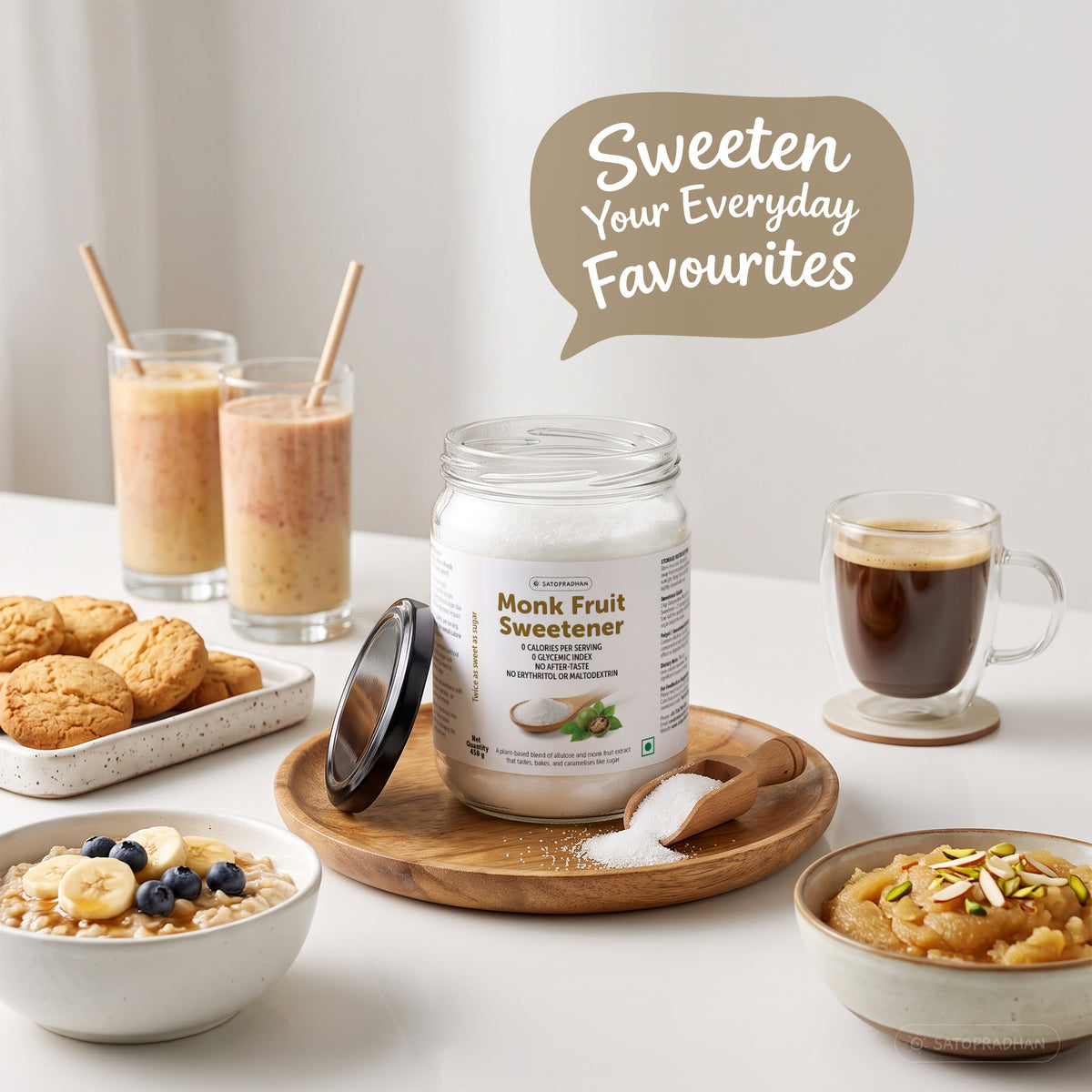 Satopradhan Monk Fruit Sweetener displayed with coffee, smoothies, cookies, oatmeal, and dessert to illustrate its use in everyday beverages and foods.