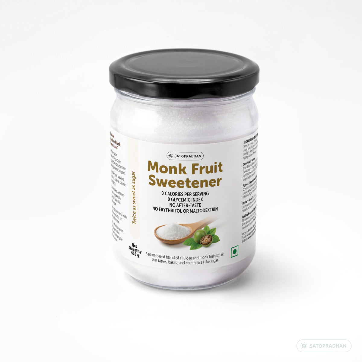 Front view of the Satopradhan Monk Fruit Sweetener jar showing product packaging, main highlights of the product and related graphics.