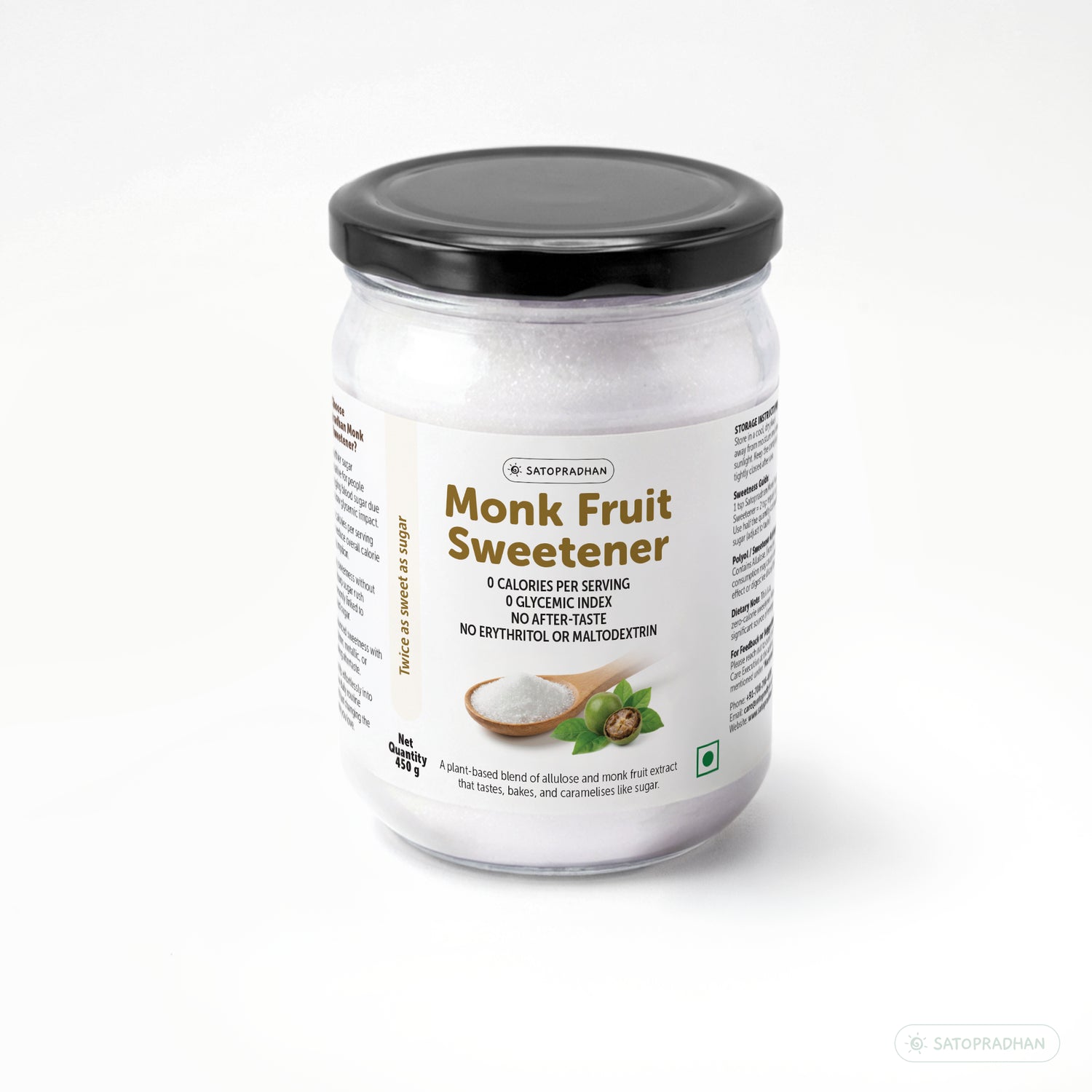Front view of the Satopradhan Monk Fruit Sweetener jar showing product packaging, main highlights of the product and related graphics.