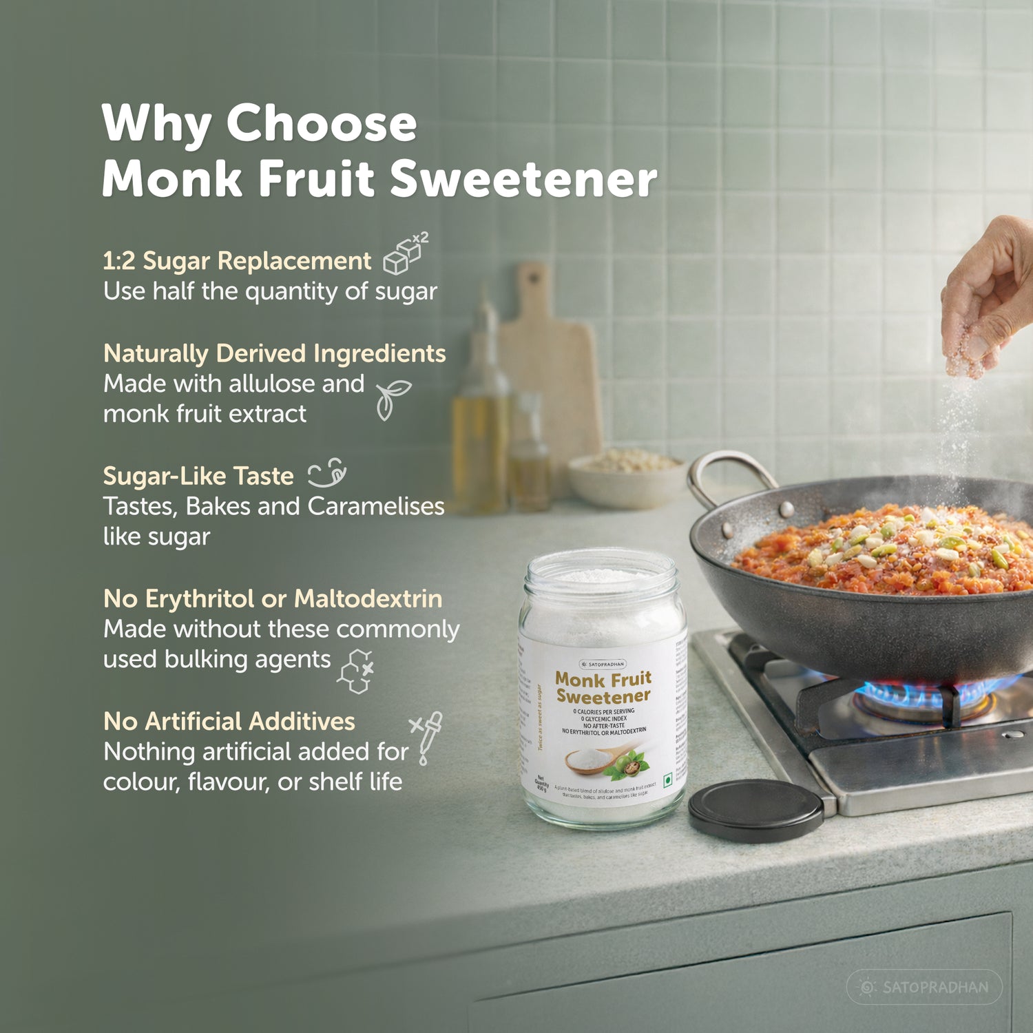Satopradhan Monk Fruit Sweetener lifestyle image featuring an elderly Indian couple enjoying tea, with product highlights including plant-based ingredients, no erythritol or maltodextrin, and twice the sweetness of sugar.