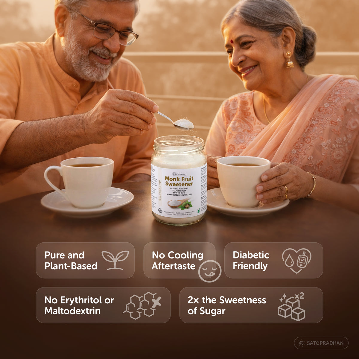 Satopradhan Monk Fruit Sweetener served with tea in a lifestyle setting, highlighting its plant-based ingredients, no cooling aftertaste, and sugar replacement benefits.
